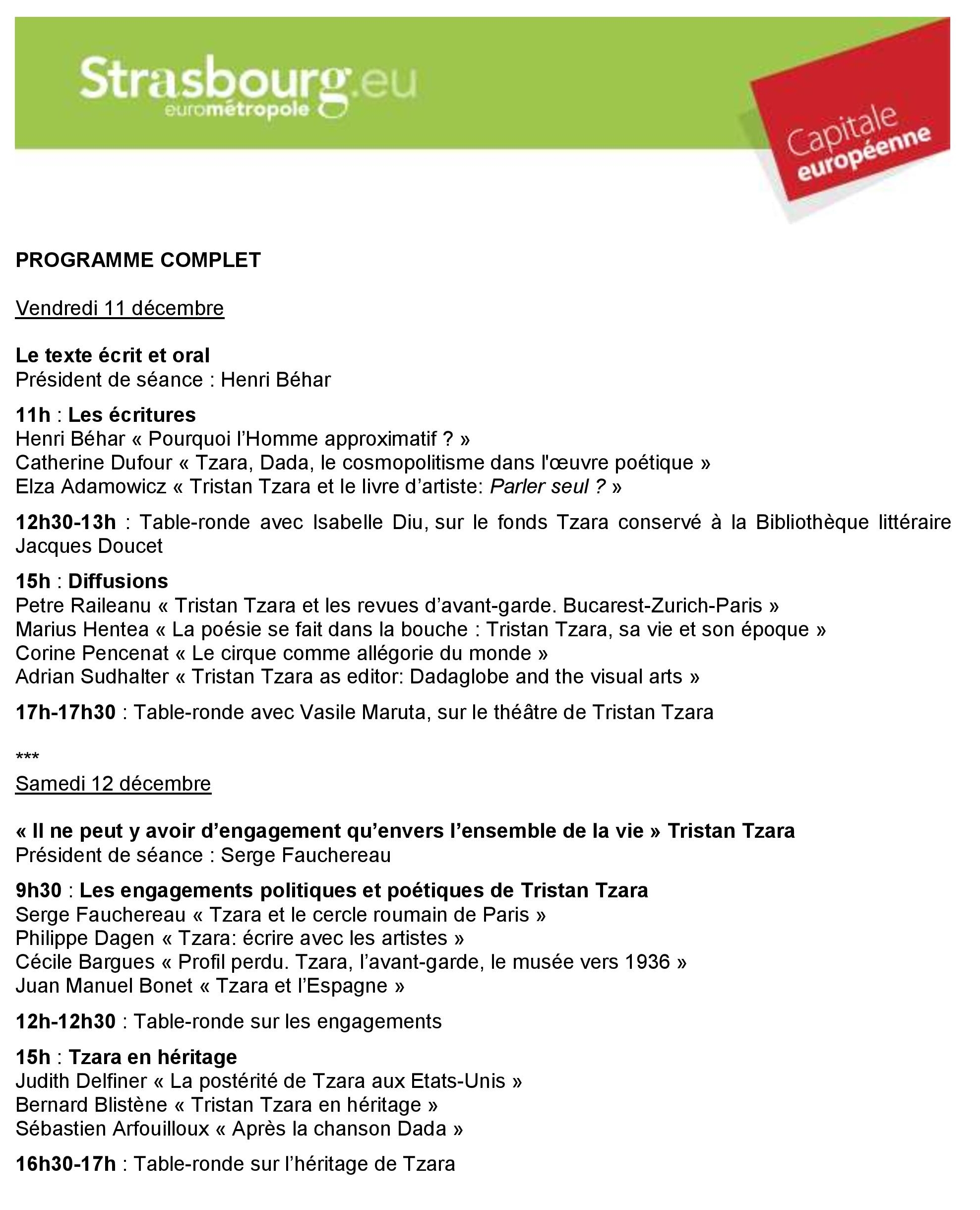 Programme Journées Tristan Tzara